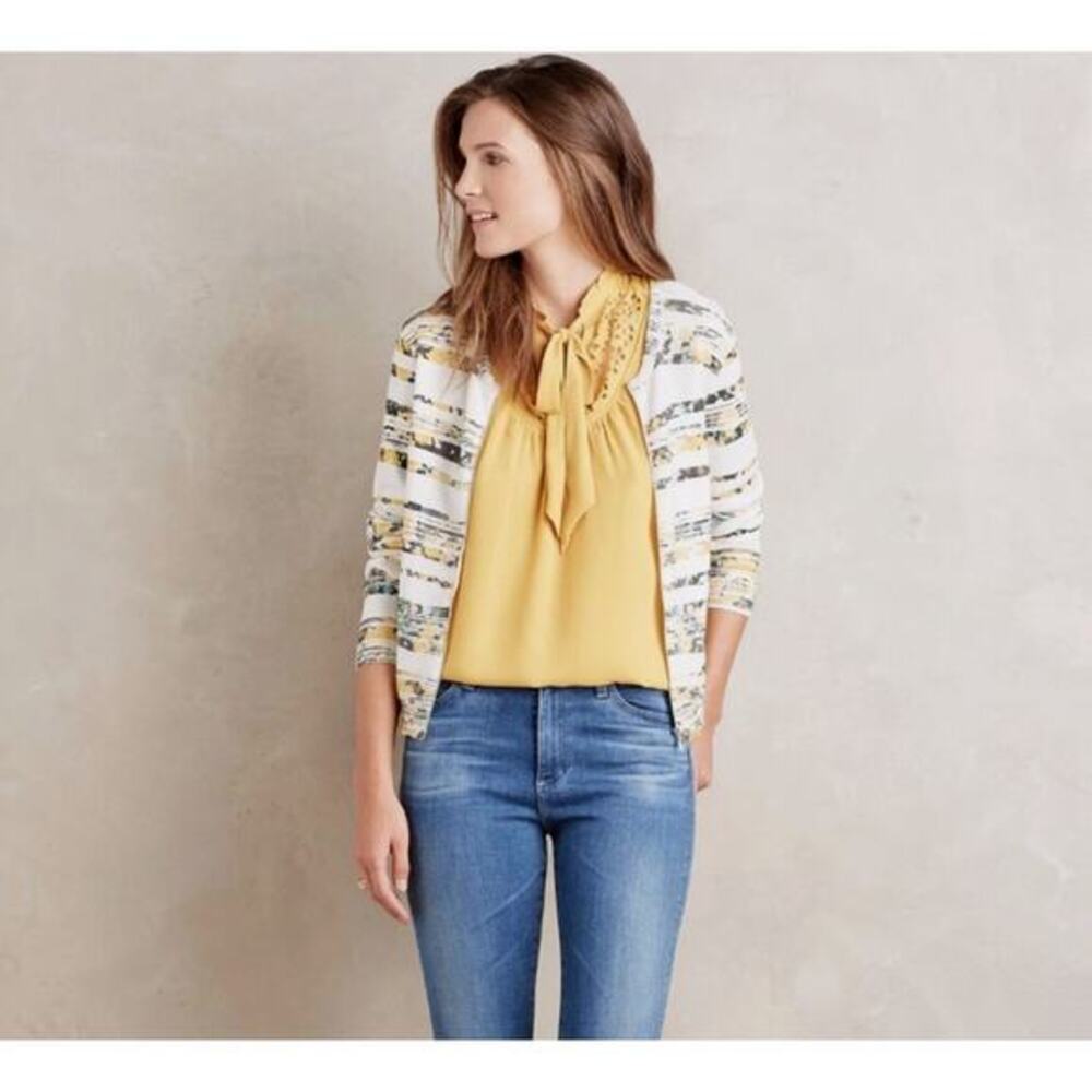 Anthropologie Luca Tie-Neck Blouse‎ by Maeve Medium 10 Yellow Laser Cut - Picture 3 of 8
